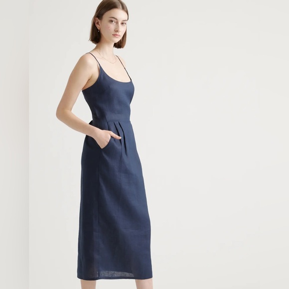 Quince 100% European Linen Scoop Neck Midi Dress - Navy - Picture 3 of 11